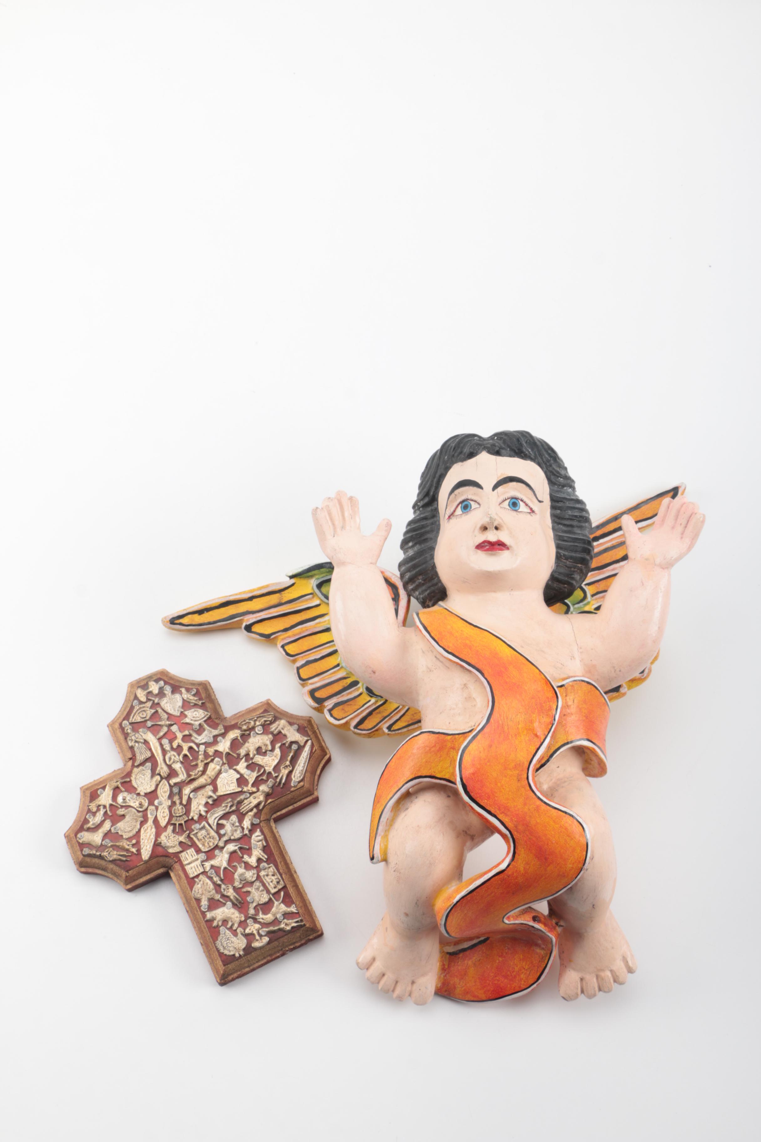 Mexican Milagro Cross and Cherub Folk Art