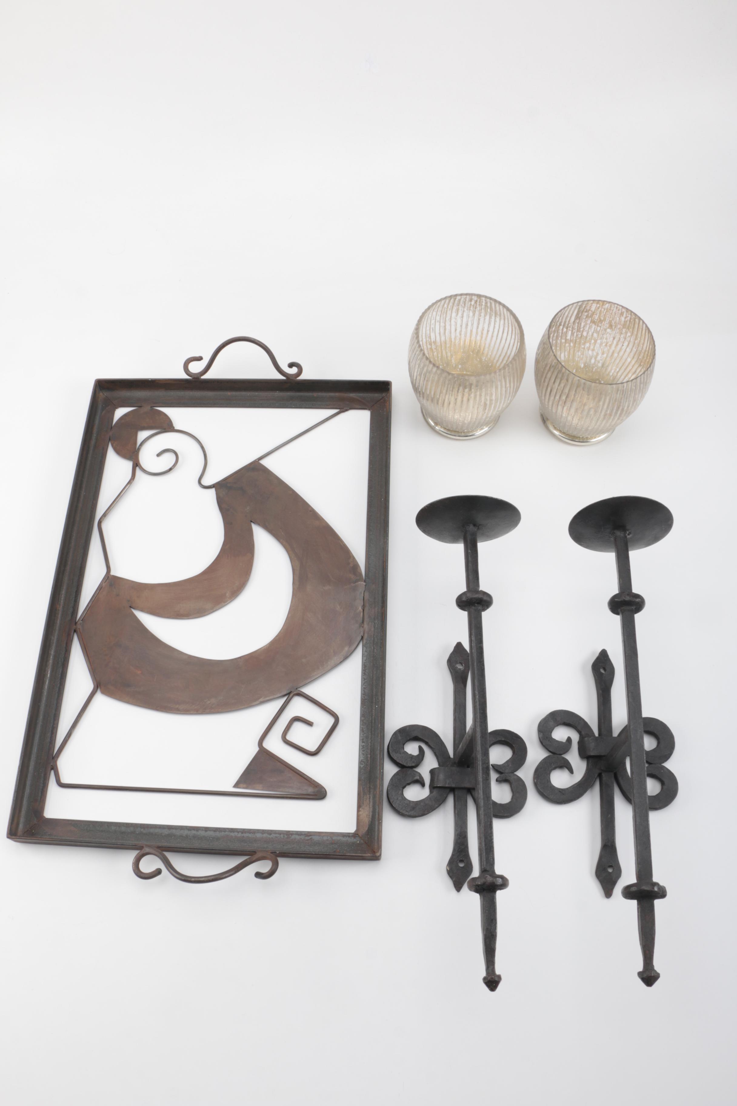 Artisan-Made Iron Tray and Wrought Iron Candle Sconces With Candle Holders