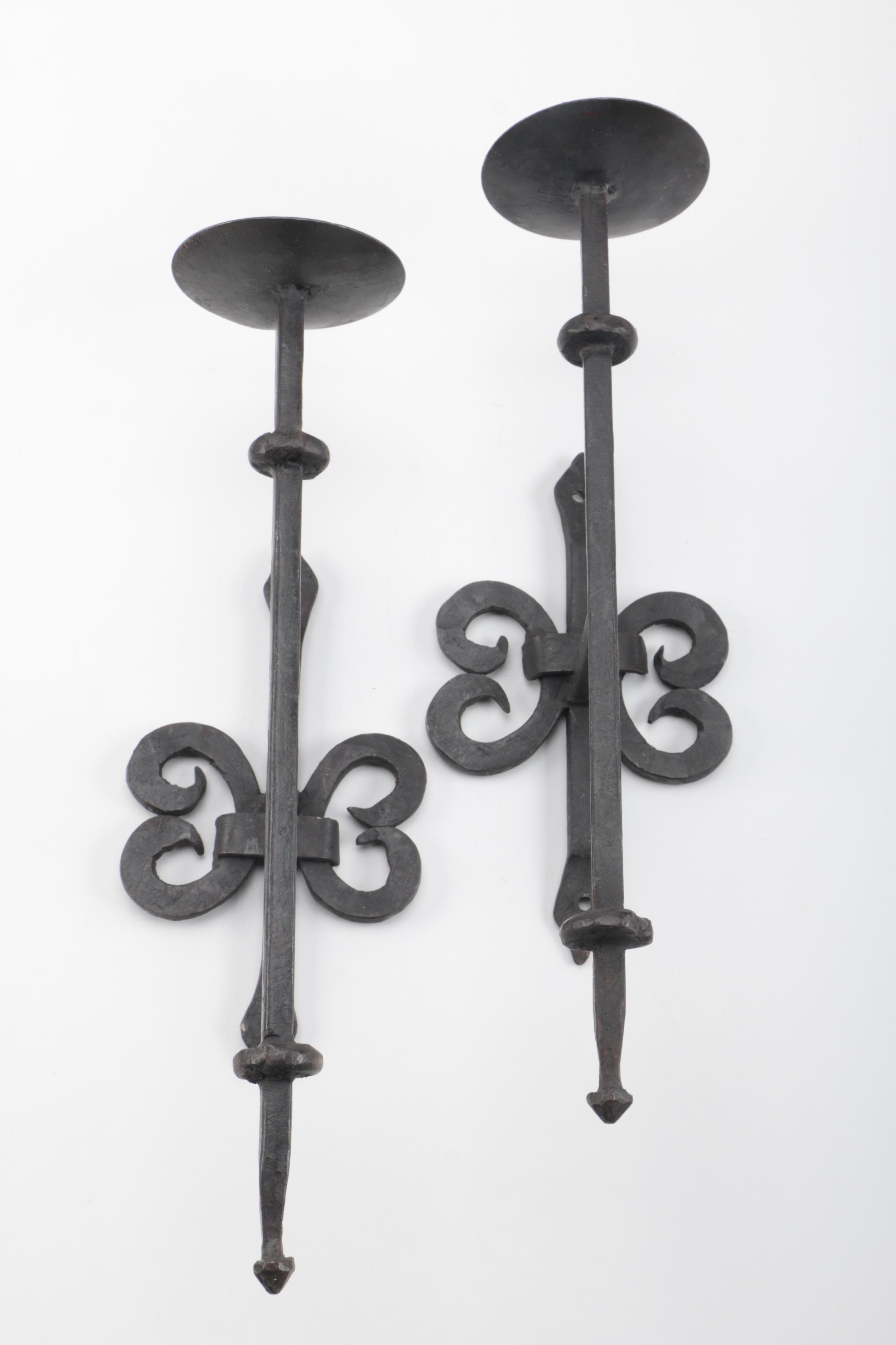Artisan-Made Iron Tray and Wrought Iron Candle Sconces With Candle Holders