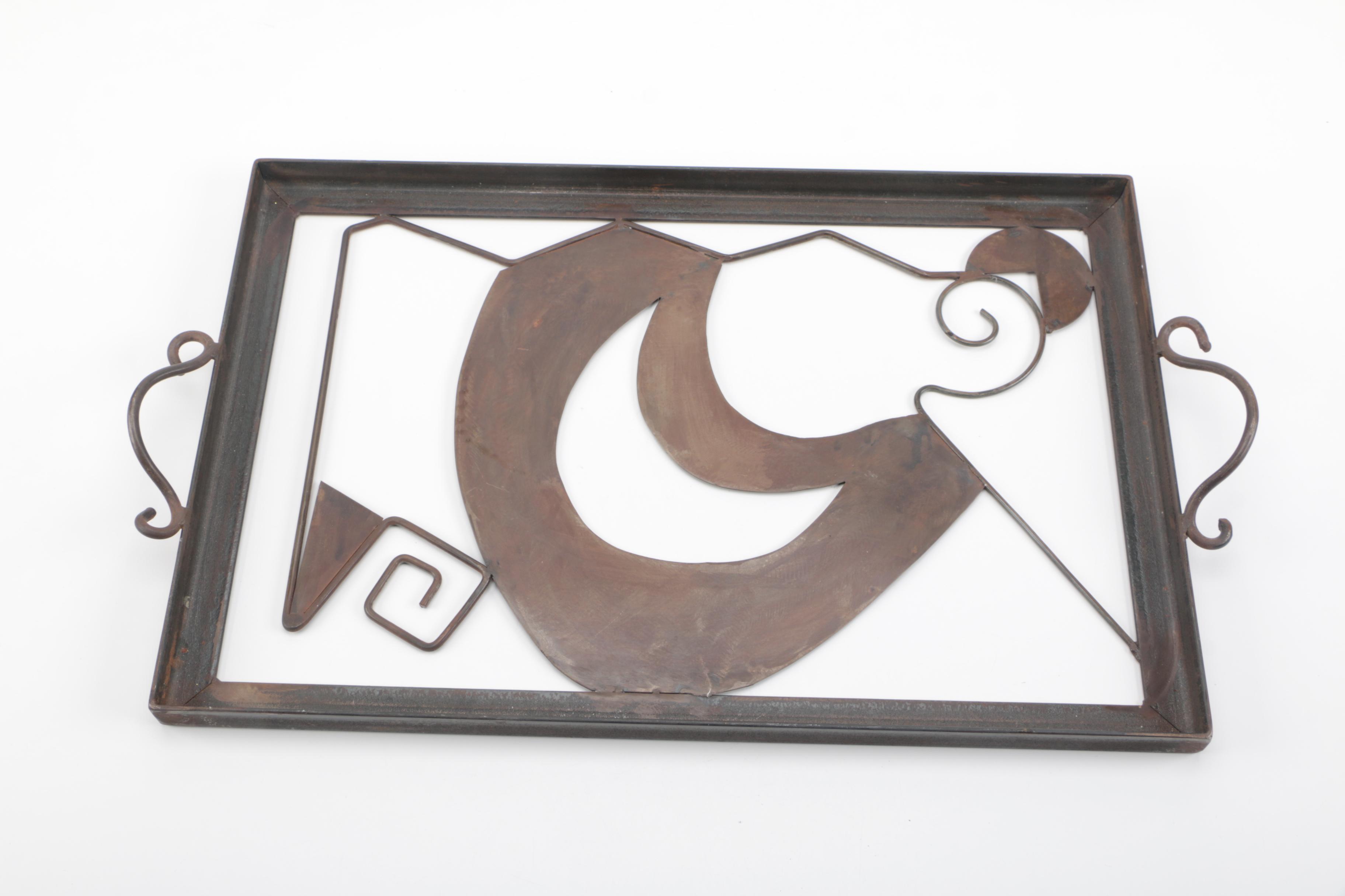 Artisan-Made Iron Tray and Wrought Iron Candle Sconces With Candle Holders