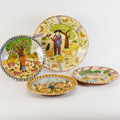 Portugal Pictorial Redware Plates and Platter by M. Beijinho and Pirraga Redondo