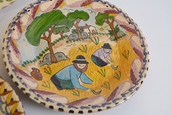 Portugal Pictorial Redware Plates and Platter by M. Beijinho and Pirraga Redondo