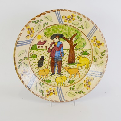 Portugal Pictorial Redware Plates and Platter by M. Beijinho and Pirraga Redondo