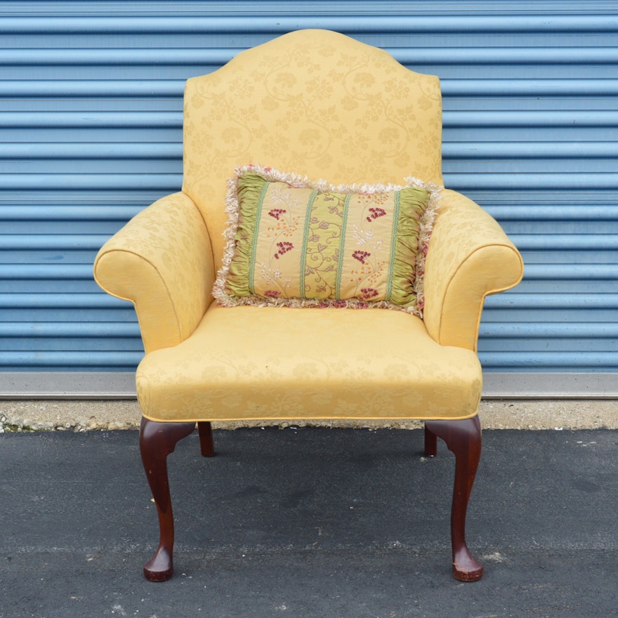 Yellow Brocade Queen Anne Style Armchair