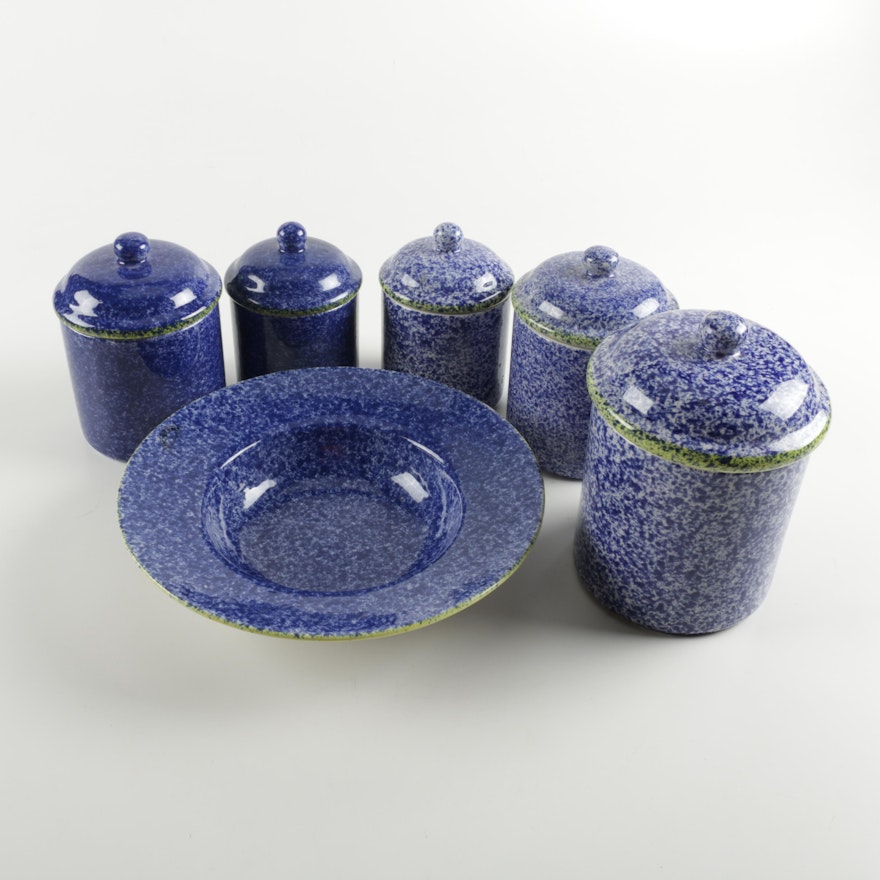 Over and Back Mottled Cobalt and White Ceramic Canisters and Bowl