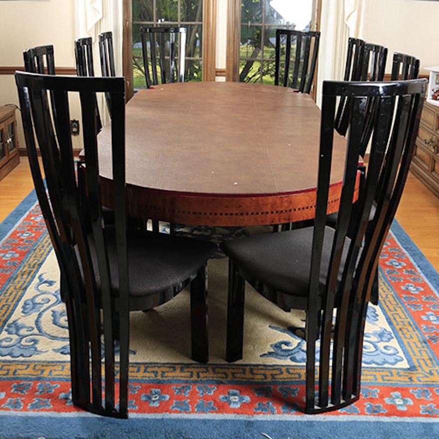 Deco Revival Italian Designer Burled & Black Lacquered Dining Table with Chairs