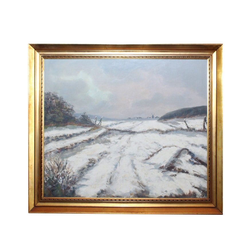 NK Nielsen Oil on Canvas of a Field in Winter