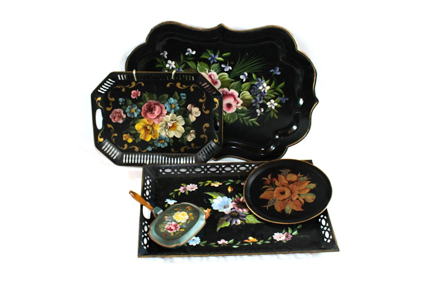 Collection of Toleware Trays with Butler