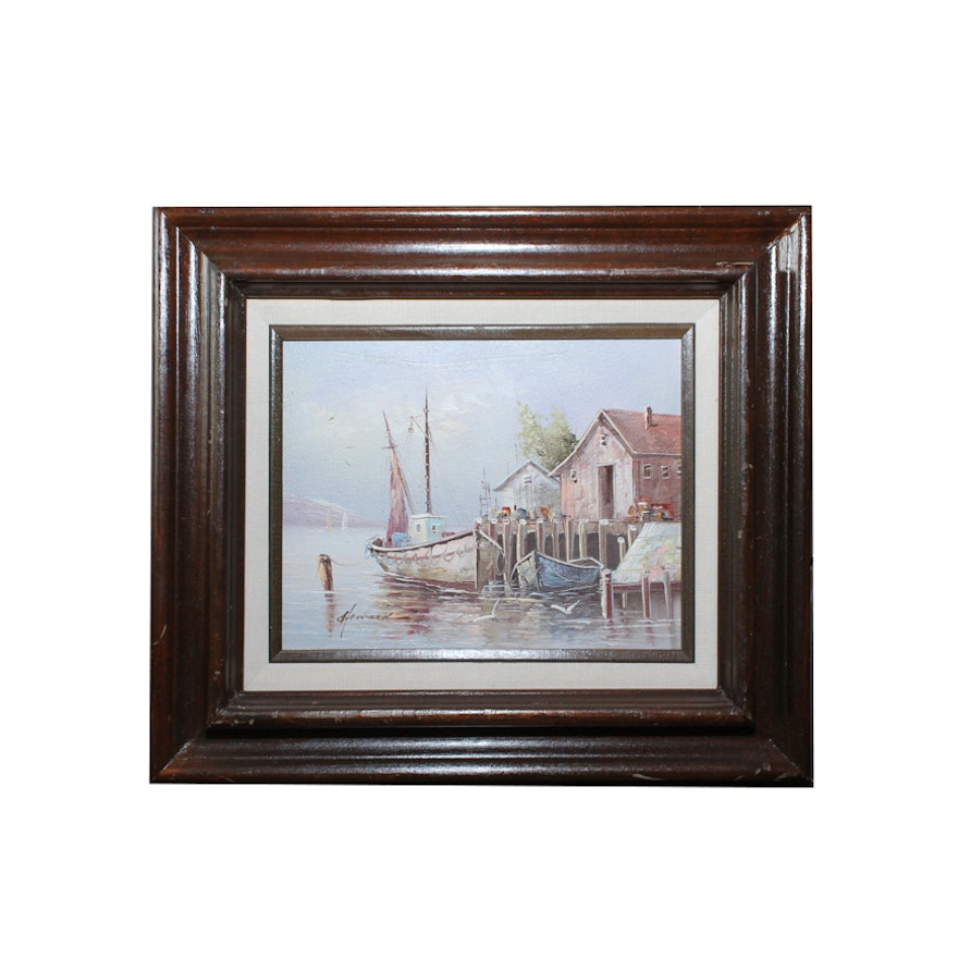 Original Oil Painting of a Fishing Harbor