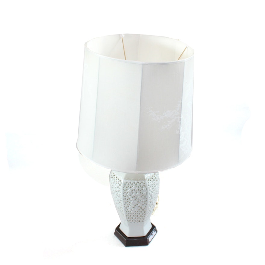 Chinese Dehua Porcelain Lacework Lamp and Painted Shade