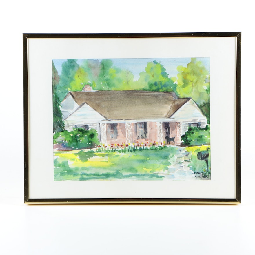 CWight Watercolor Painting on Paper of House Scene