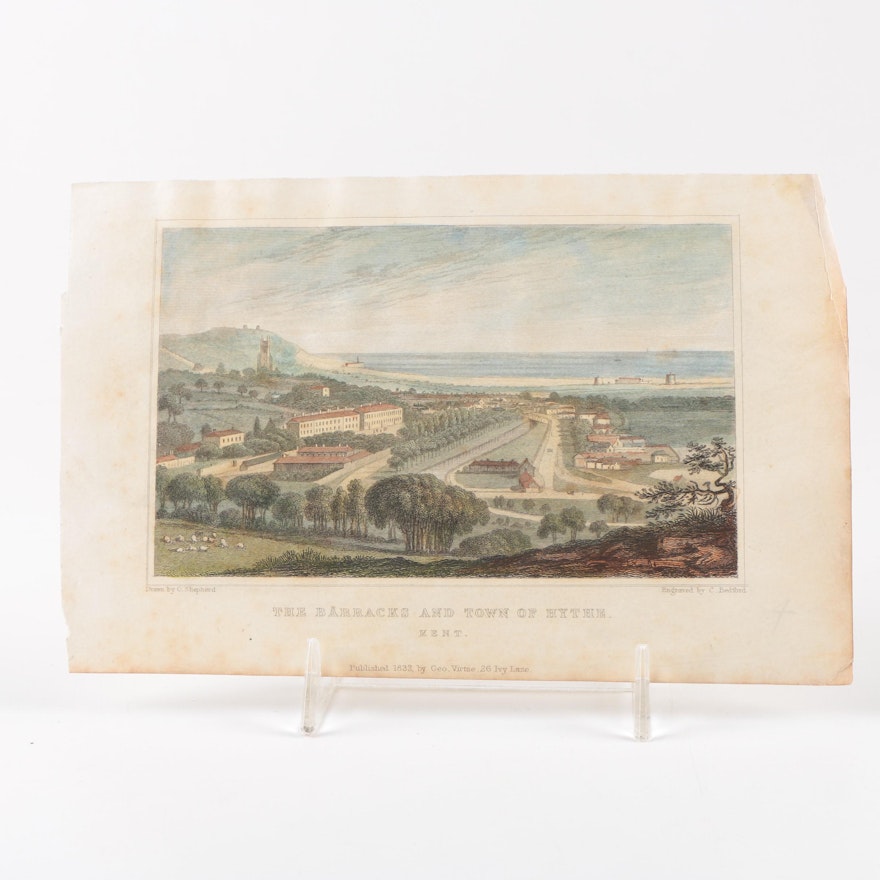 Hand-Colored Engraving "The Barracks and Town of Hythe, Kent"