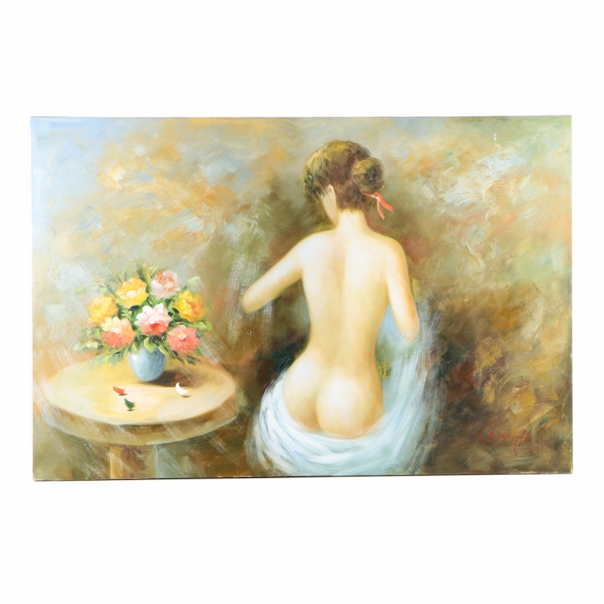 Acrylic Painting on Canvas of Female Nude With Flowers