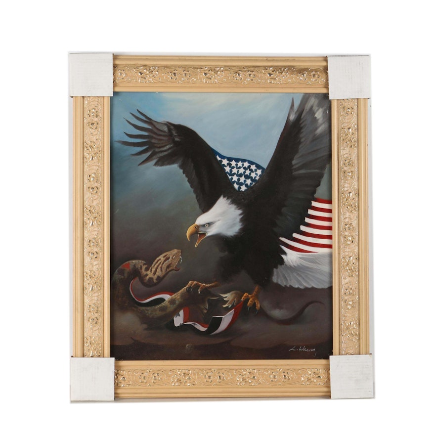 Lawrence William Embellished Giclee on Canvas of an Eagle Attacking a Snake