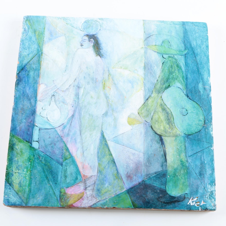 Theresa Kier Oil Painting on Ceramic Tile of Cubist Figurative Scene