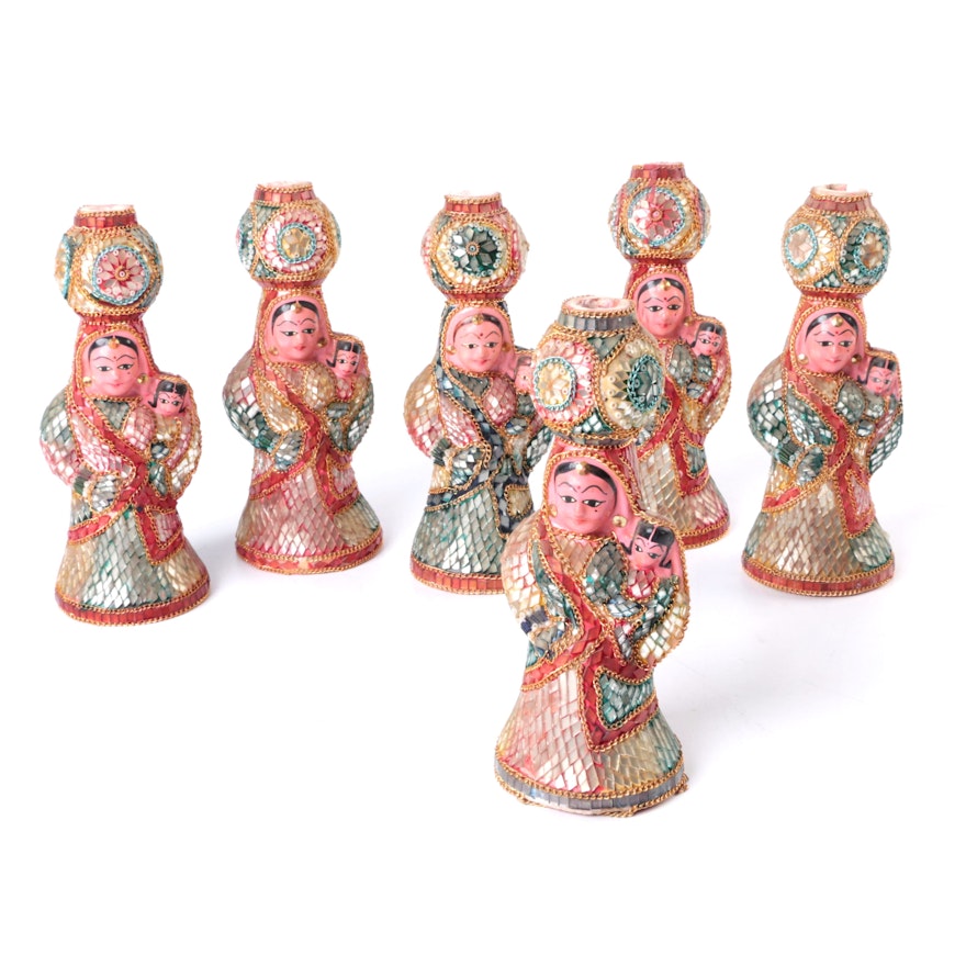 Indian Inspired Polychrome Figural Candle Holders