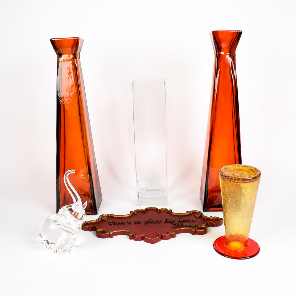 Collection of Six Assorted Red Glass & Wood Home Decor