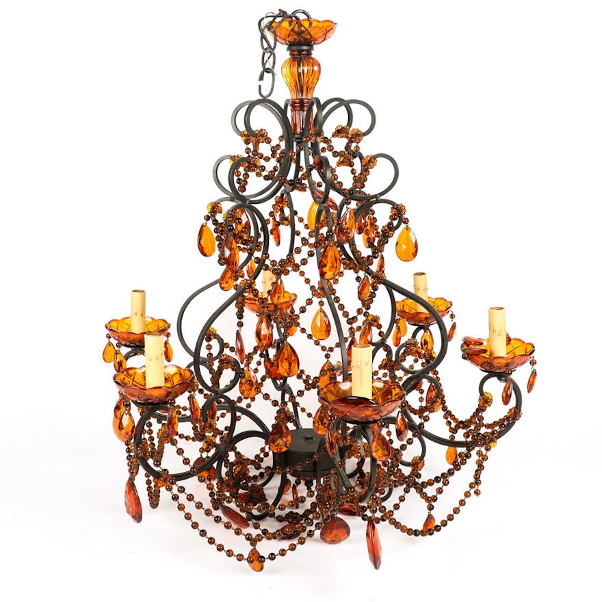 Vintage Amber Beaded & Drop Detail Wrought Iron Chandelier with Six Arms