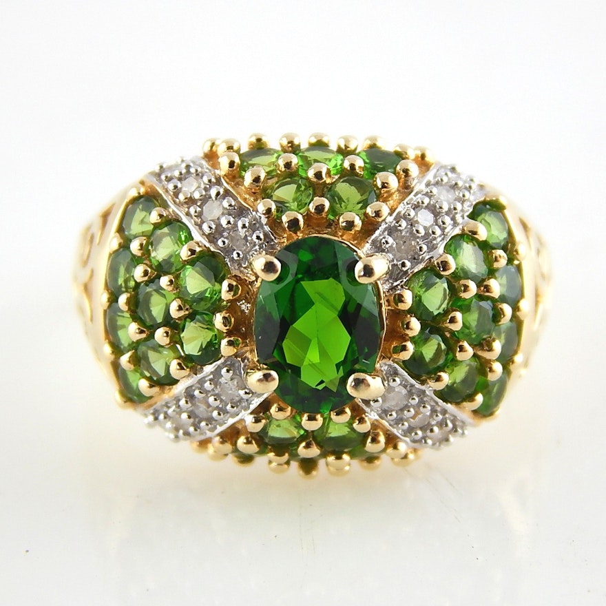 14K Yellow Gold Diopside and Diamond Ring