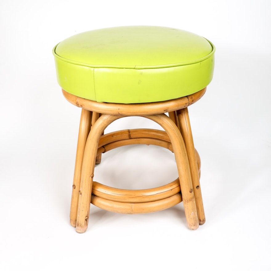 Vintage Bamboo Stool with Lime Green Cushion Swivel Top