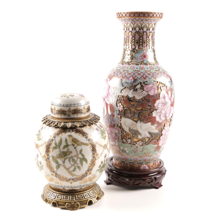 Chinese Cloisonné Vase and Ginger Jar with Stands