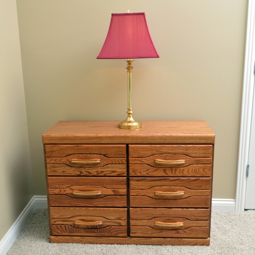 Vintage Oak Chest of Drawers and Table Lamp