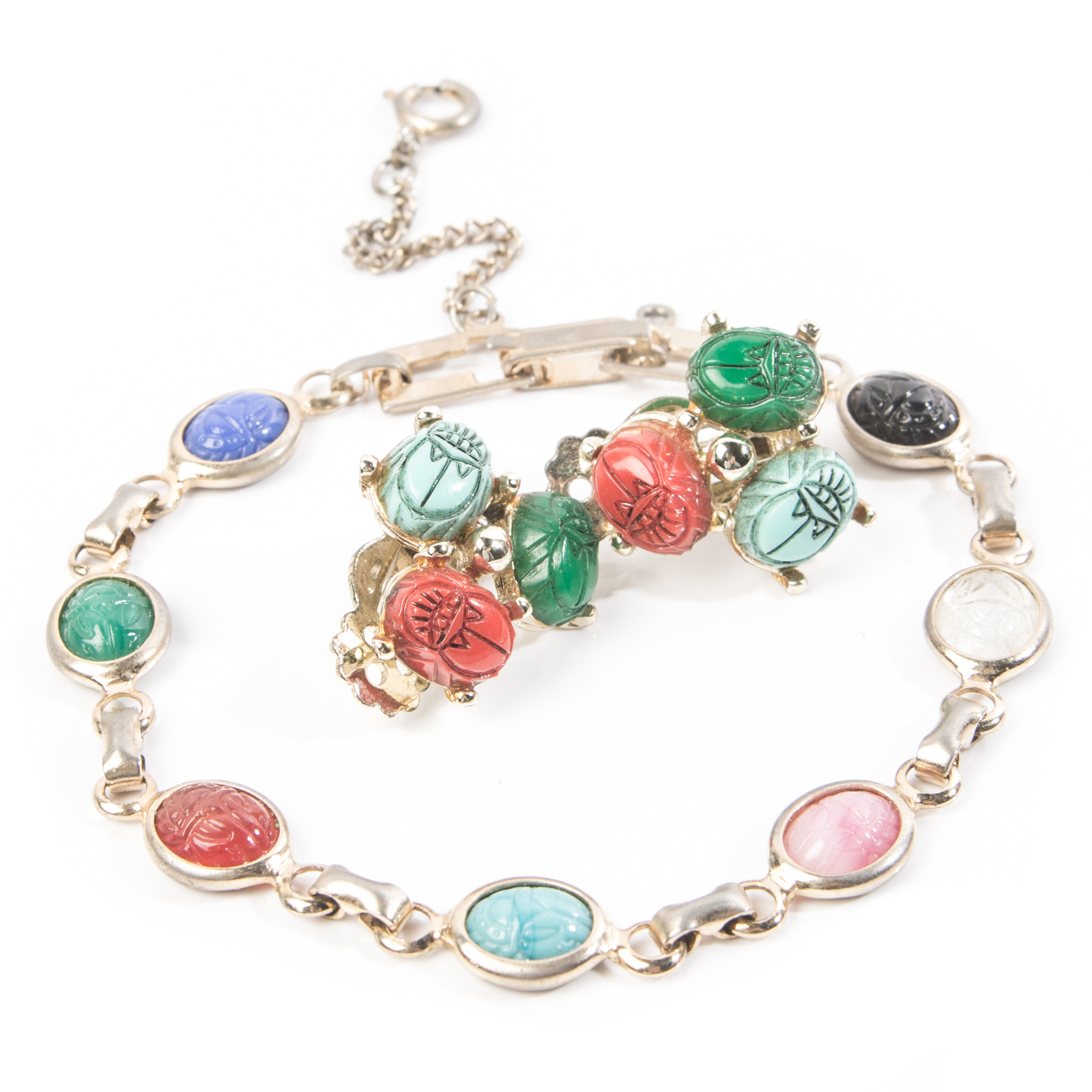 Vintage Goldtone Scarab Bracelet With Clip Earrings