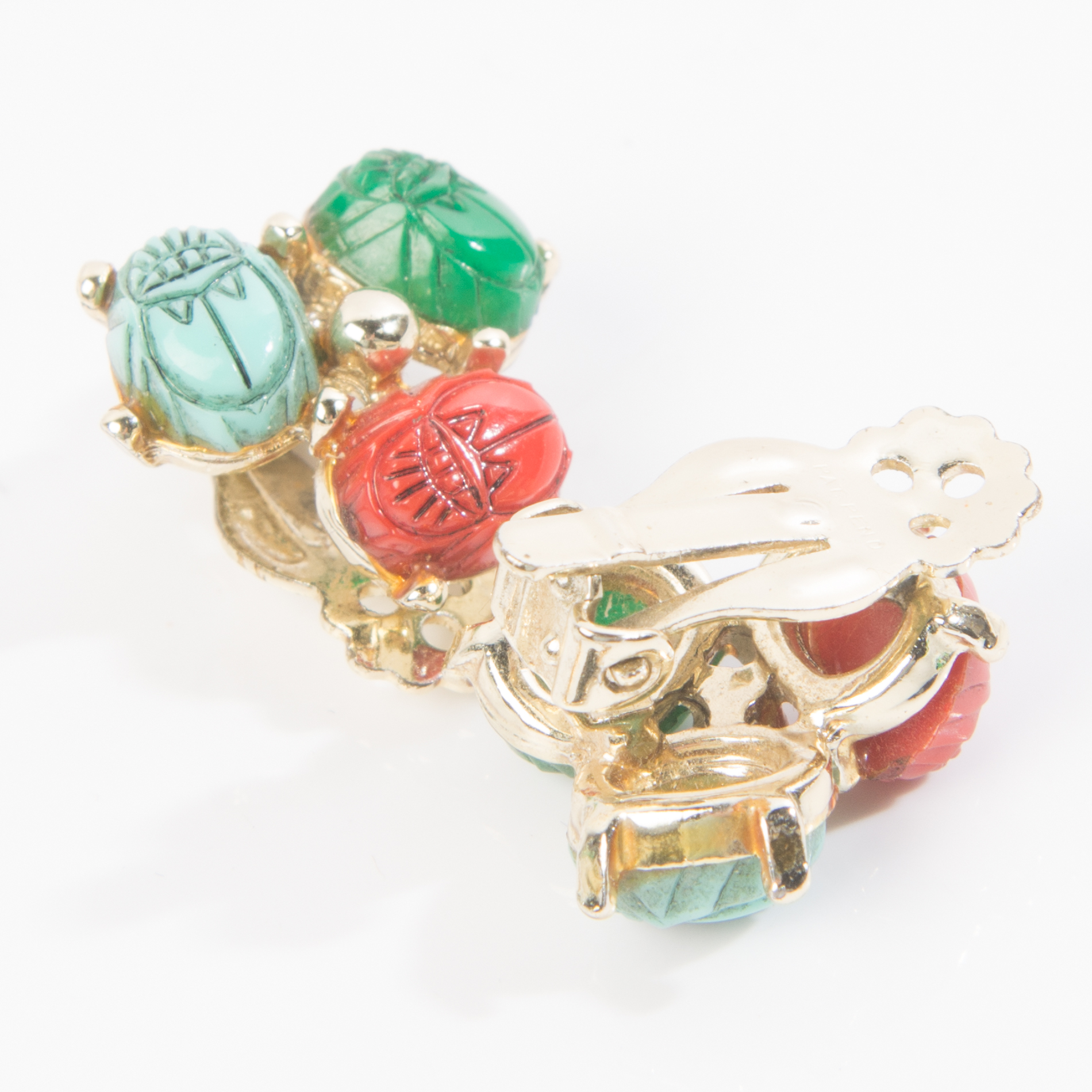 Vintage Goldtone Scarab Bracelet With Clip Earrings