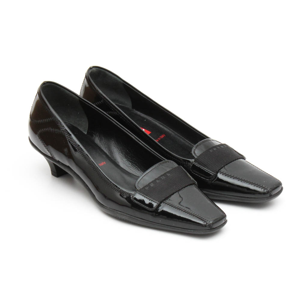 Prada Black Patent Leather Kitten Heel Loafers