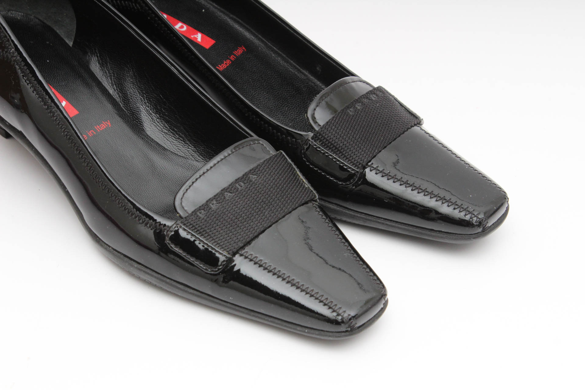 Prada Black Patent Leather Kitten Heel Loafers