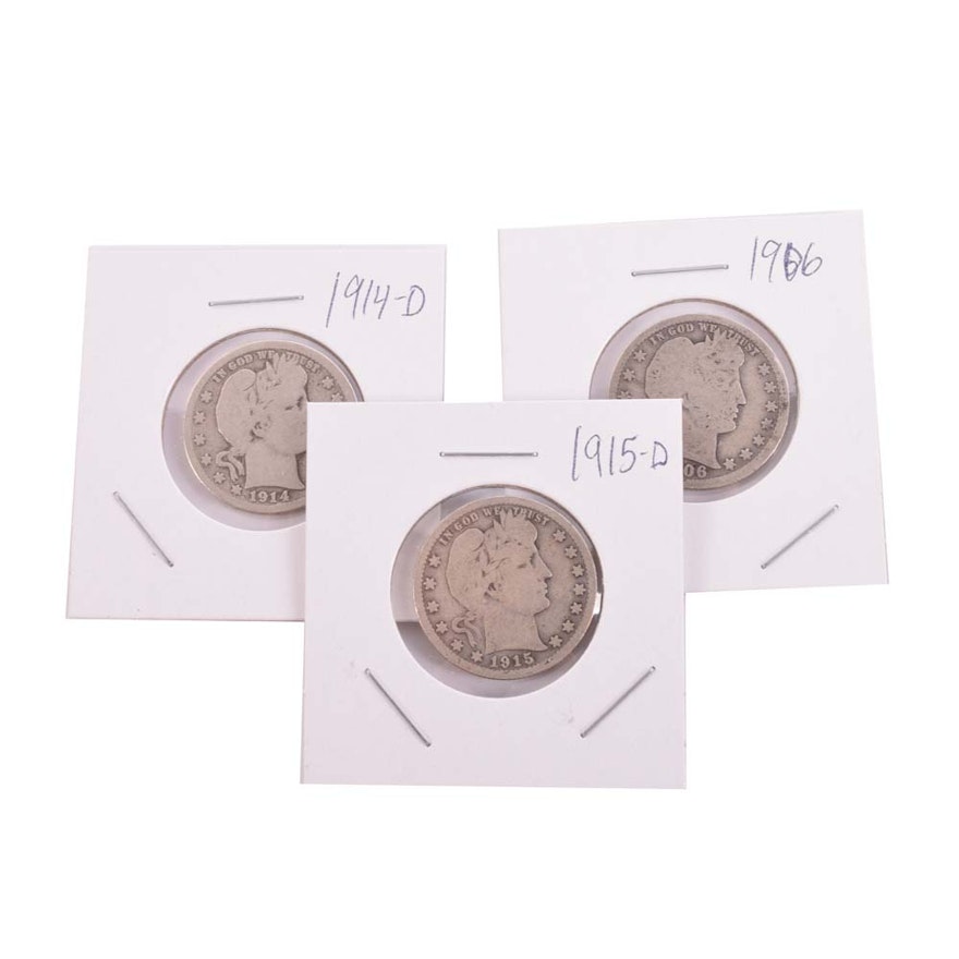 1906, 1914-D, 1915-D Barber Silver Quarters