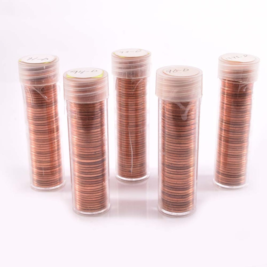 1990-D, 1991-D, 1992-D, 1993-D and 1994-D Uncirculated Penny Rolls