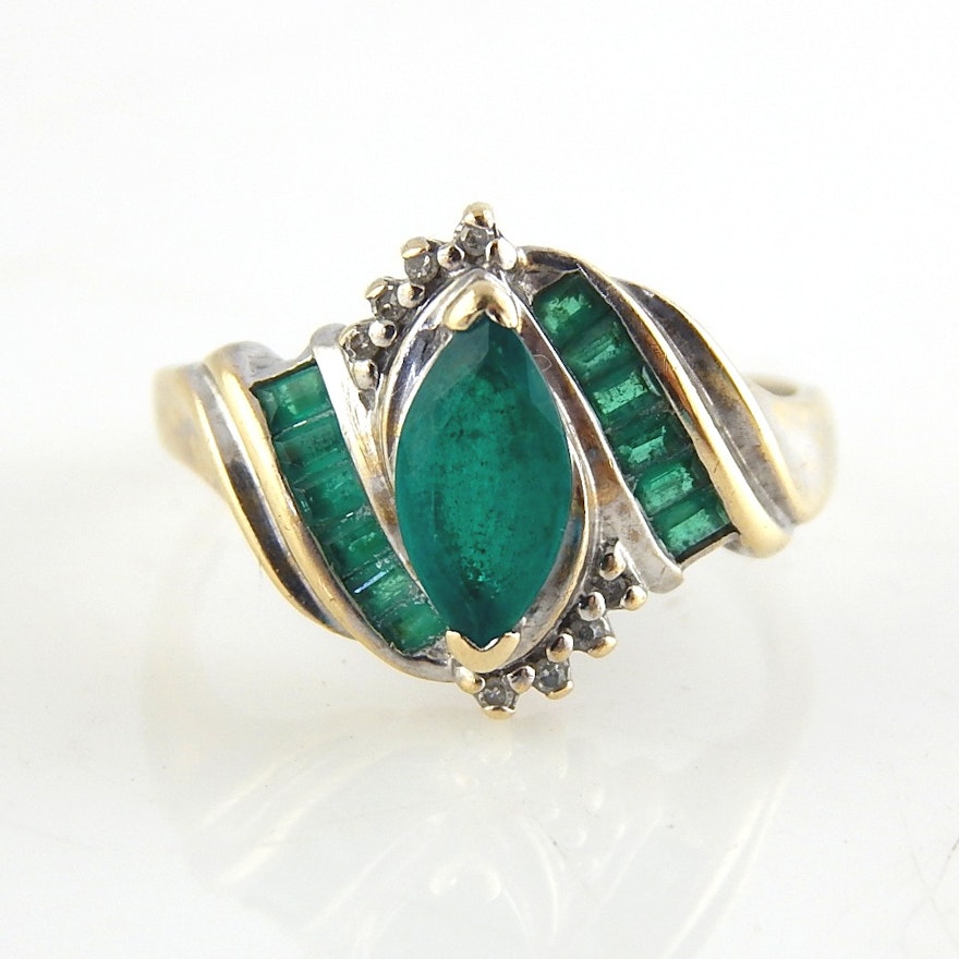 10K Yellow and White Gold Synthetic Emerald and Diamond Ring