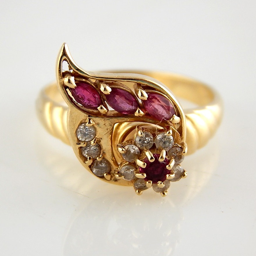 14K Yellow Gold Ruby and Diamond Spinner Ring