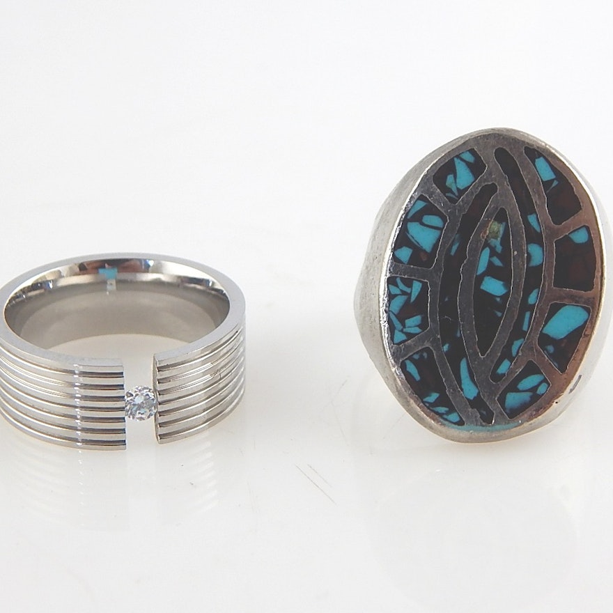 Two Silver Tone Rings with Turquoise and Coral and CZ