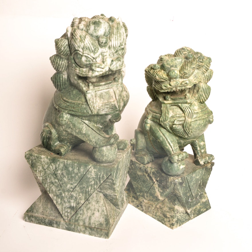 Pair of Carved Soapstone Chinese Guardian Lion Statues