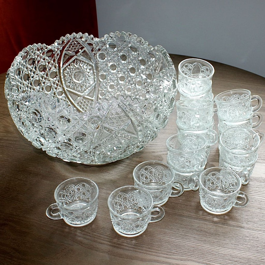 Vintage Pressed Glass Punch Bowl Set