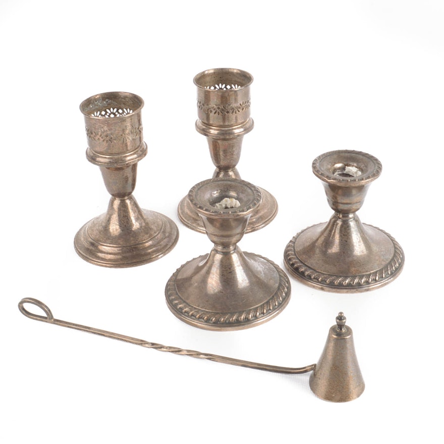 Grouping of Weighted Sterling Candleholders and Sterling Silver Candle Snuffer