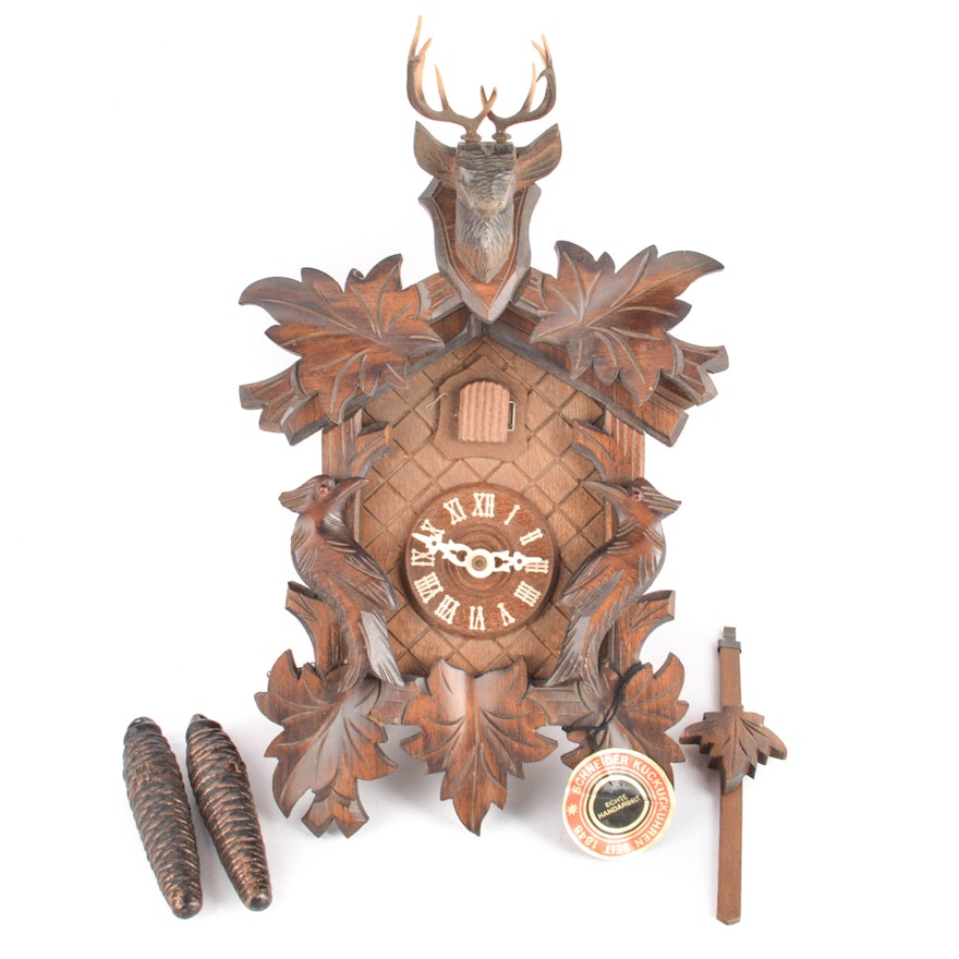 Vintage Schneider Black Forest Carved Wooden Cuckoo Clock