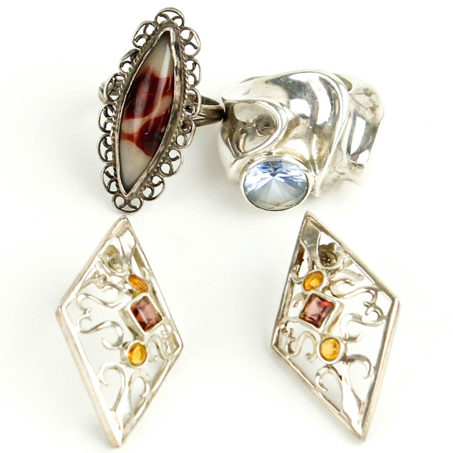Sterling Silver Earrings and Rings with Stones