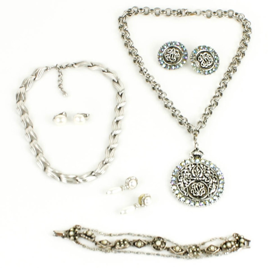 Variety of Silver Tone Costume Jewelry with Stones