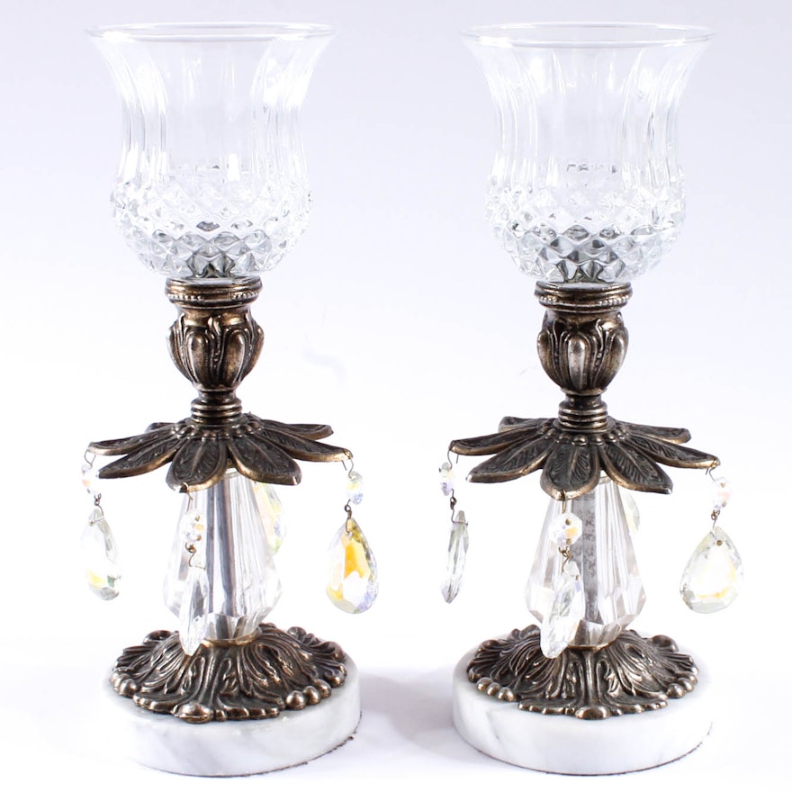 Pair of Bronze Tone Metal, Marble and Glass Candle Holders