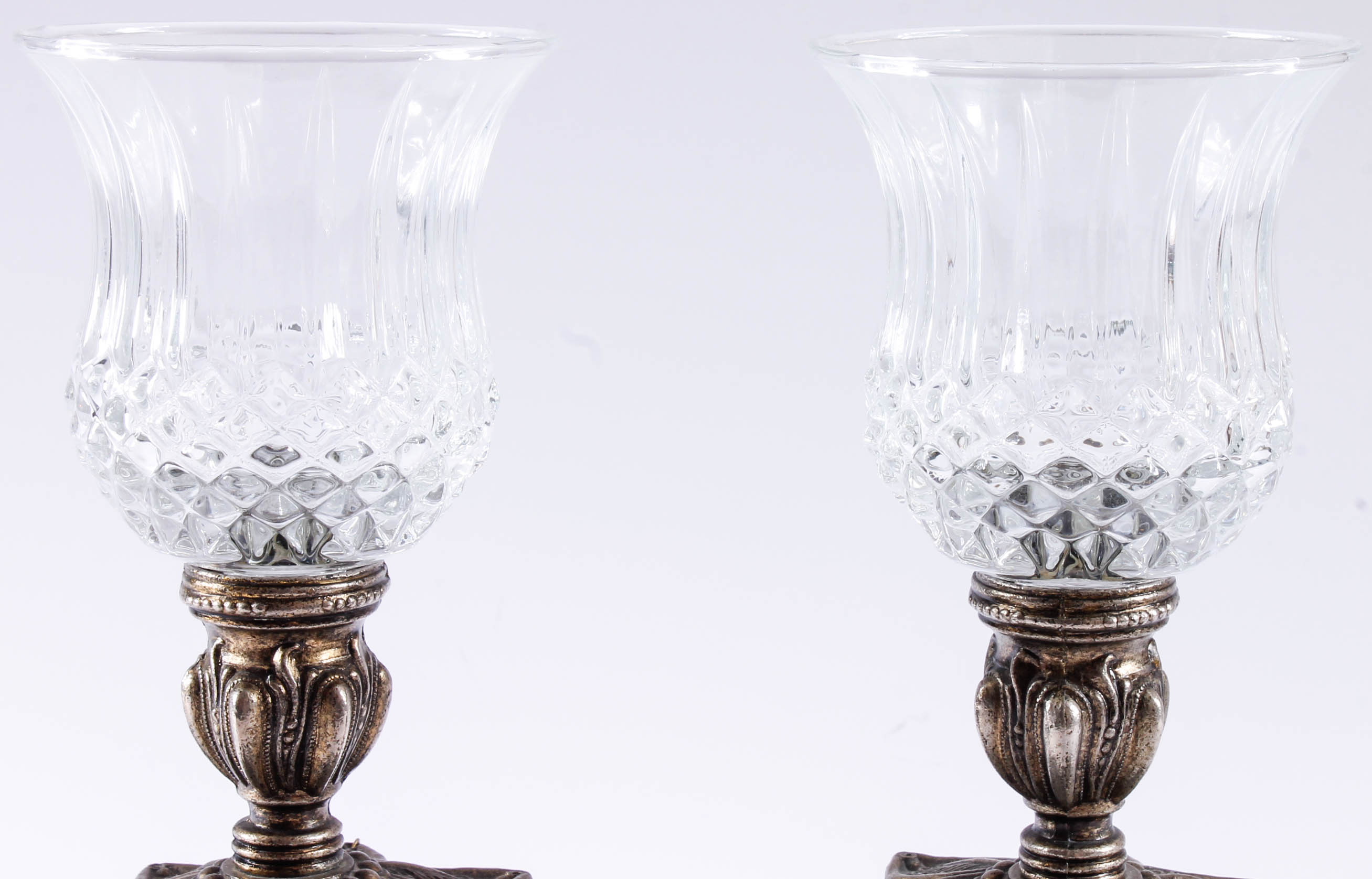 Pair of Bronze Tone Metal, Marble and Glass Candle Holders