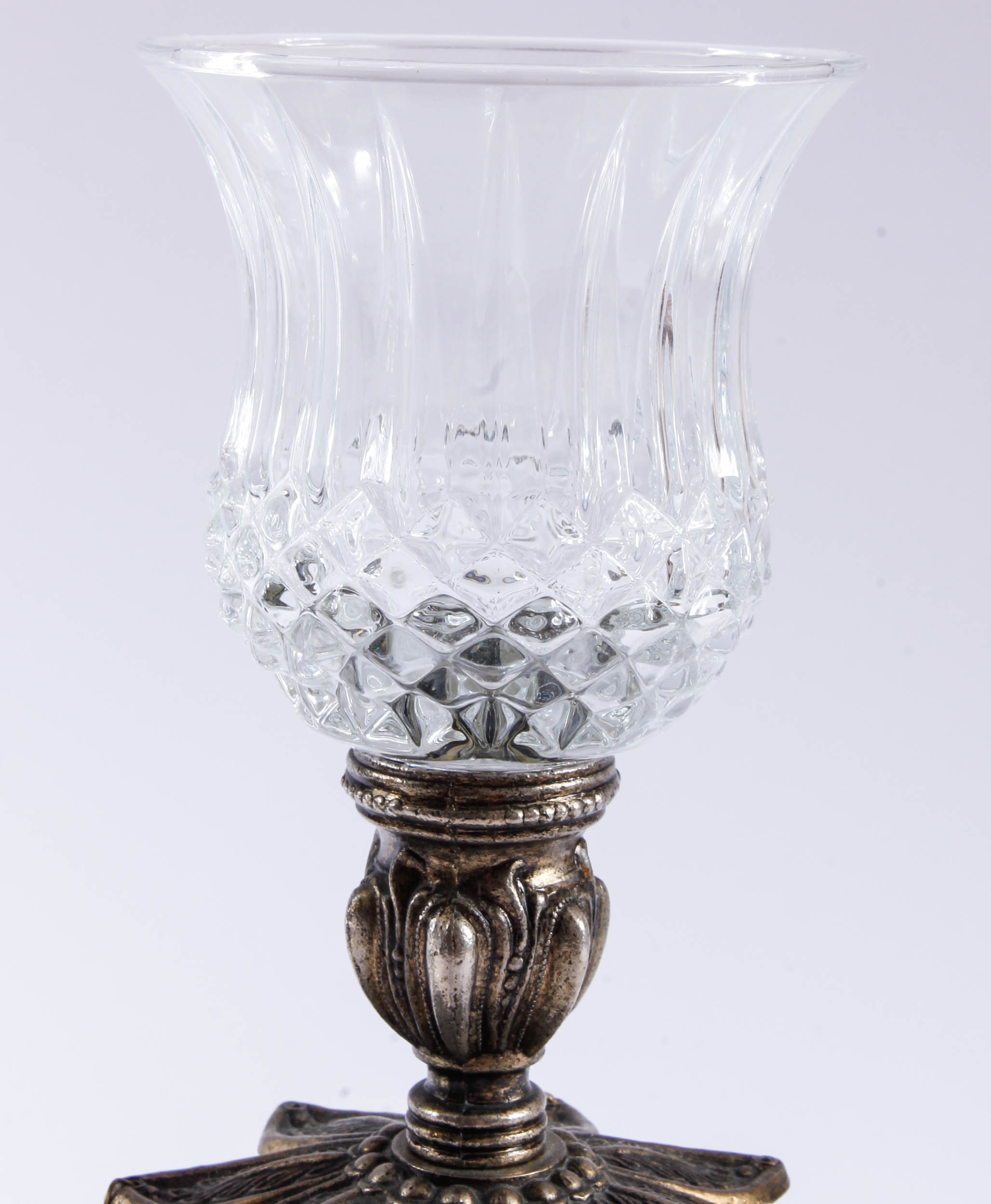 Pair of Bronze Tone Metal, Marble and Glass Candle Holders