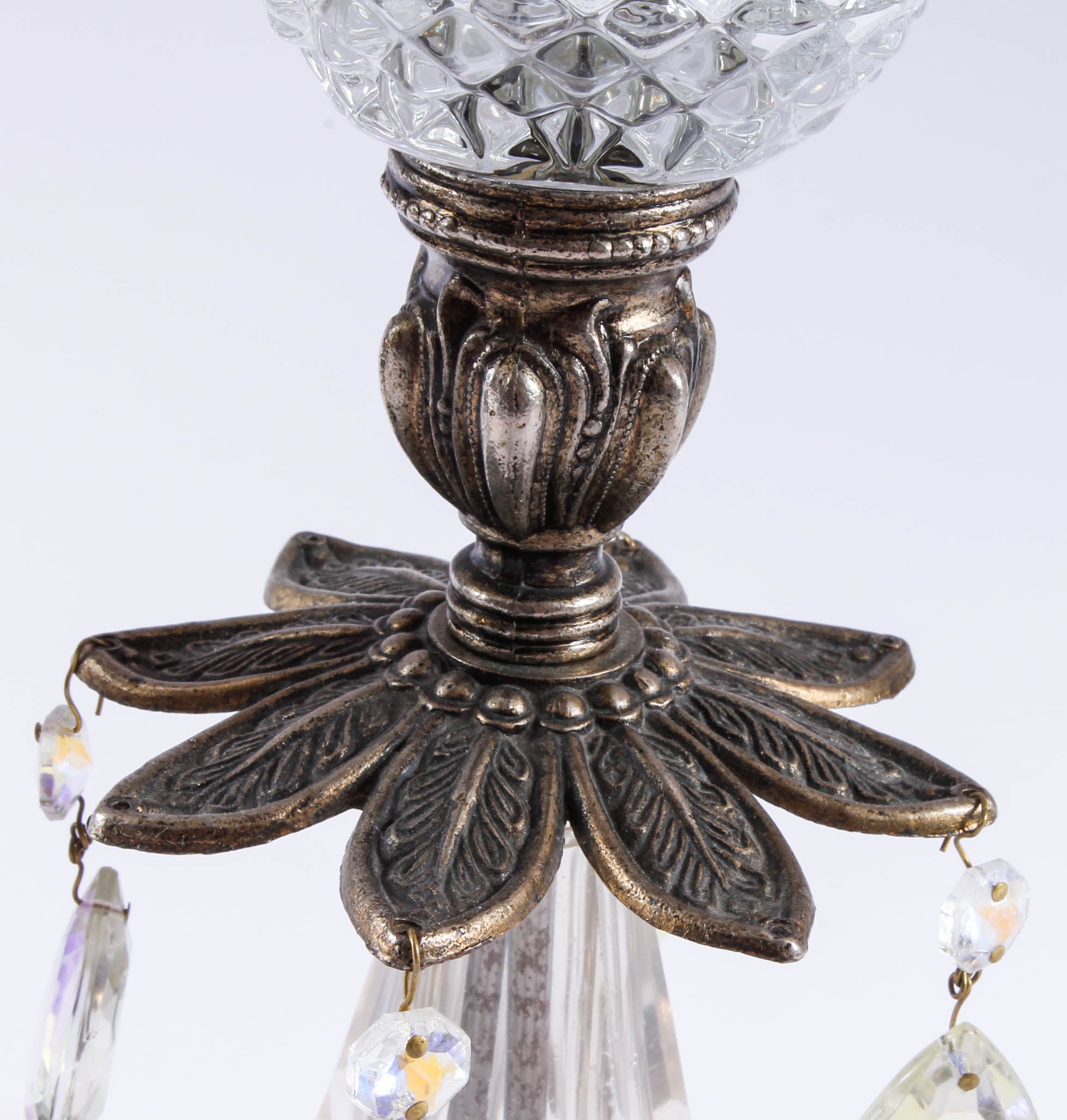 Pair of Bronze Tone Metal, Marble and Glass Candle Holders