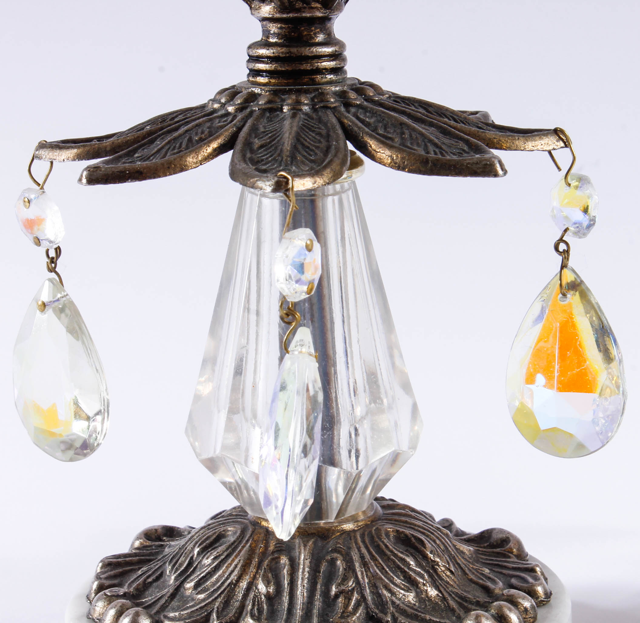 Pair of Bronze Tone Metal, Marble and Glass Candle Holders