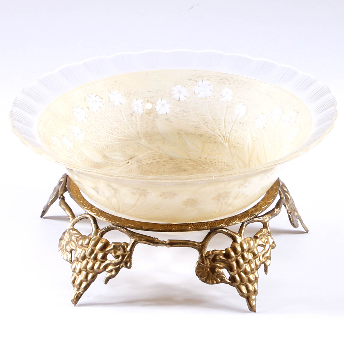 Vintage Glass Bowl in Brass Stand