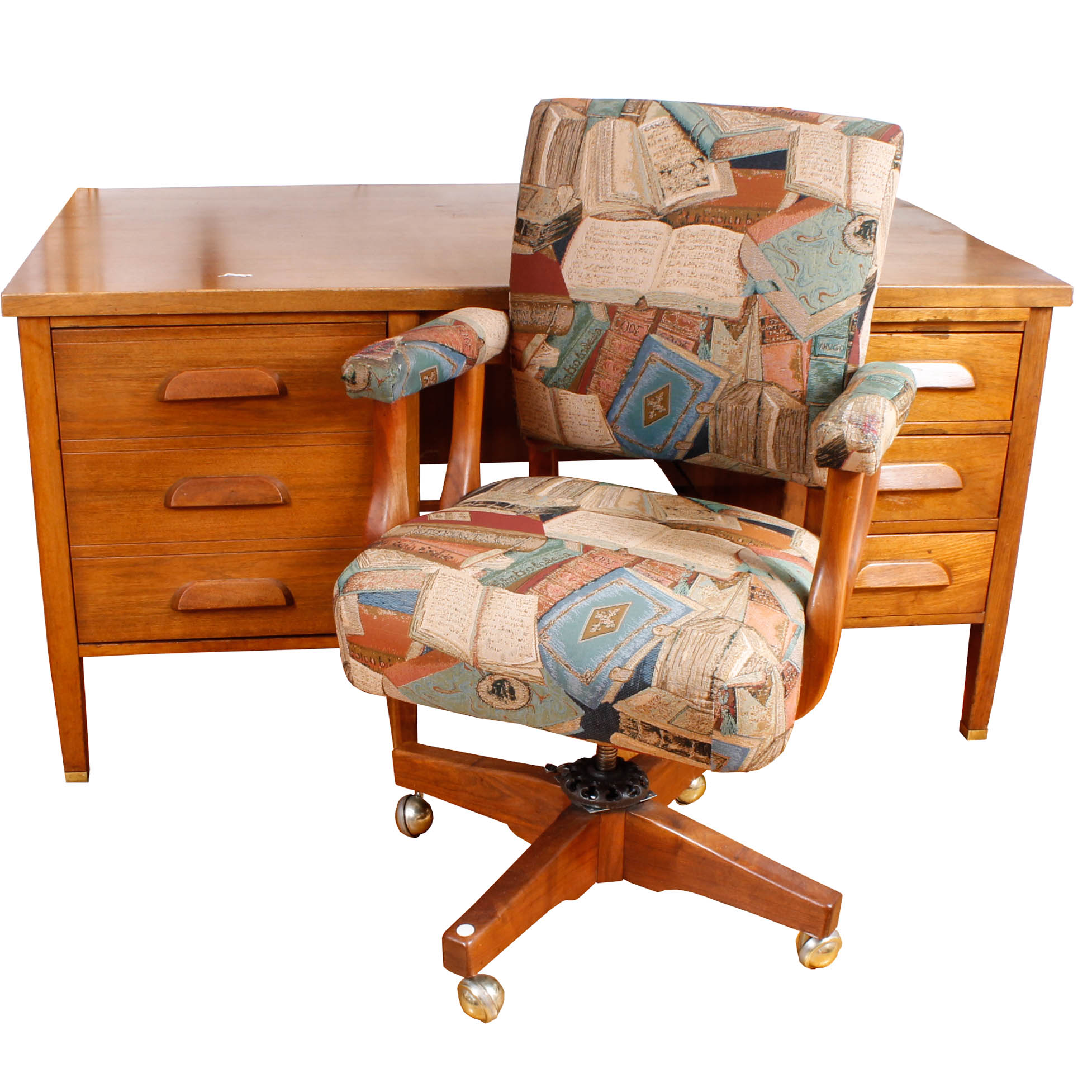 Large Vintage Wooden Desk with Upholstered Office Chair