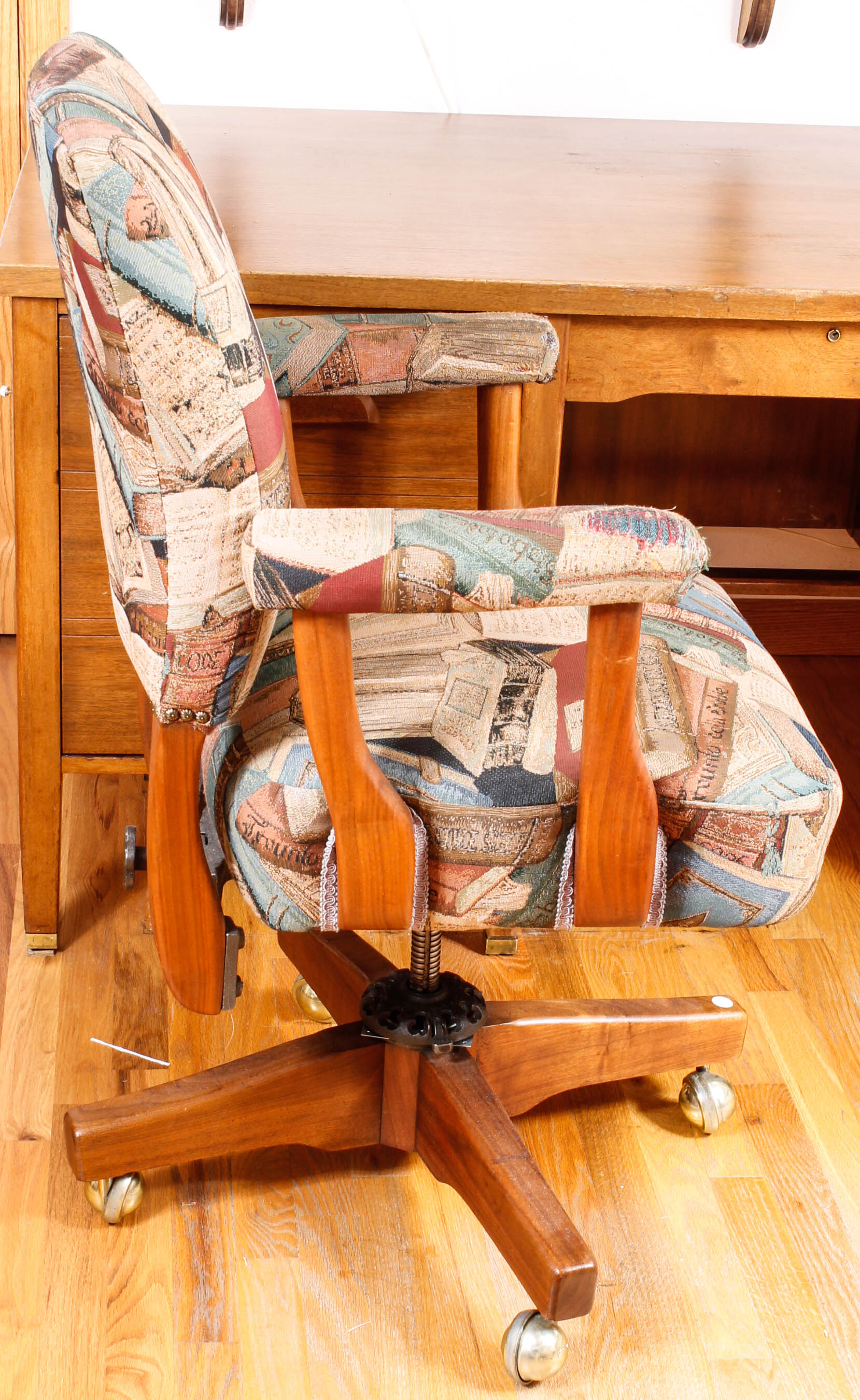 Large Vintage Wooden Desk with Upholstered Office Chair