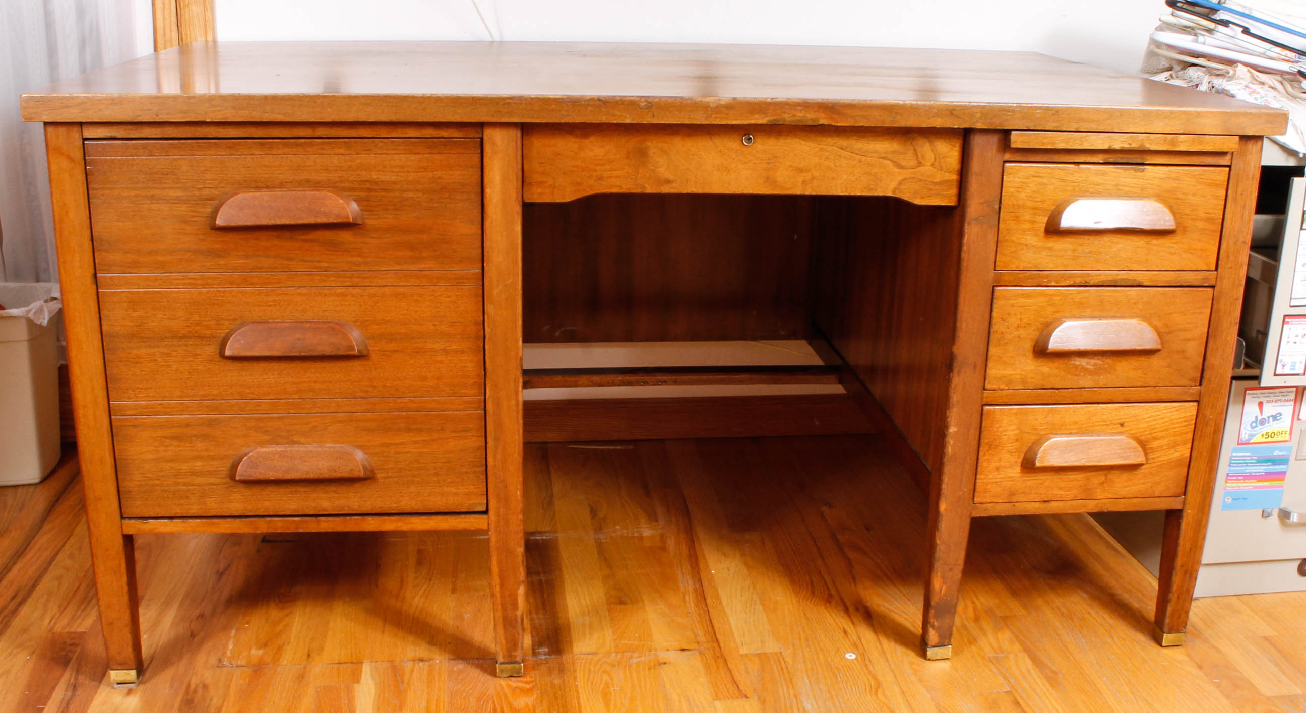 Large Vintage Wooden Desk with Upholstered Office Chair